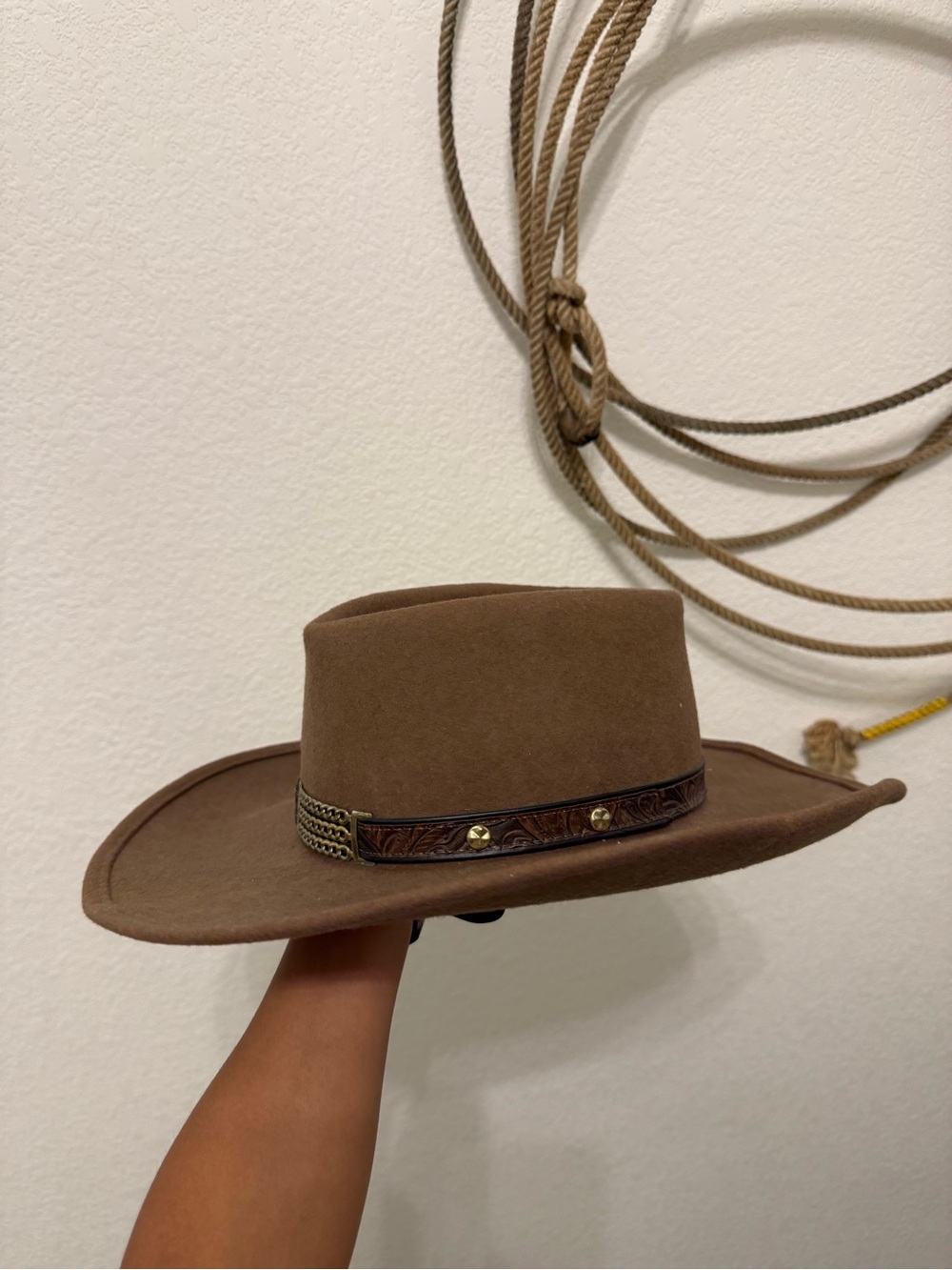 Vintage 100% Wool Felt Outback Cowboy Hat with Embossed Leather & Chain Band